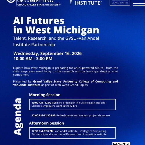 A flyer giving information and details for the AI Futures in West Michigan Tech Week Event on September 16 2026